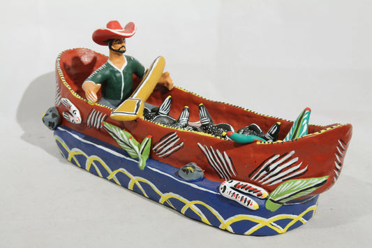 Ceramic Boat/Fisherman/Fish Mexico Folk Art Ocumicho Collectible Décor