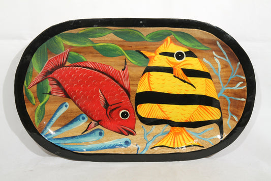 Mexican Wood Oval Platter Tray Hand Painted Colorful Fish