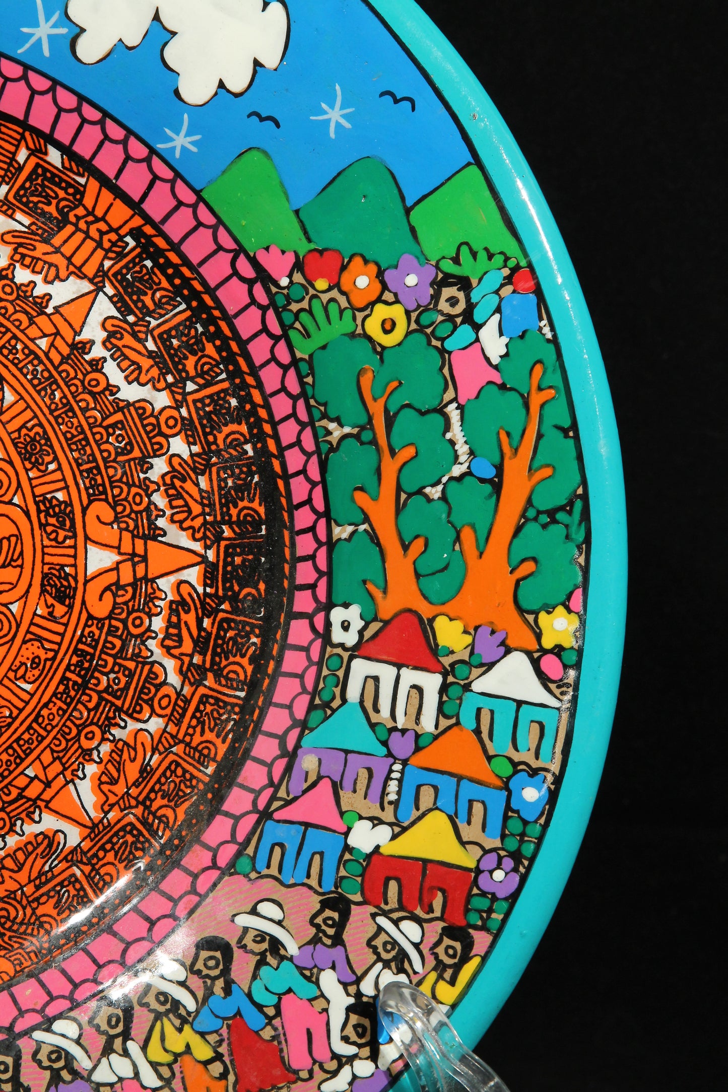 Ceramic Platter, Aztec Calendar and Village Life Scenes
