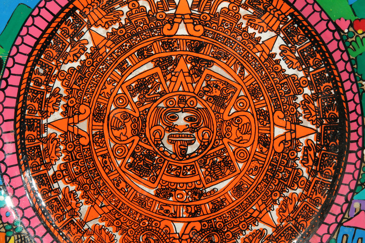 Ceramic Platter, Aztec Calendar and Village Life Scenes