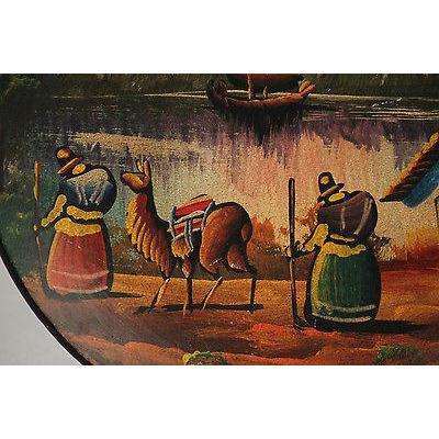 Antique Peruvian/Central America Ceramic Plate Hand Painted/Thrown 2 Women LLama