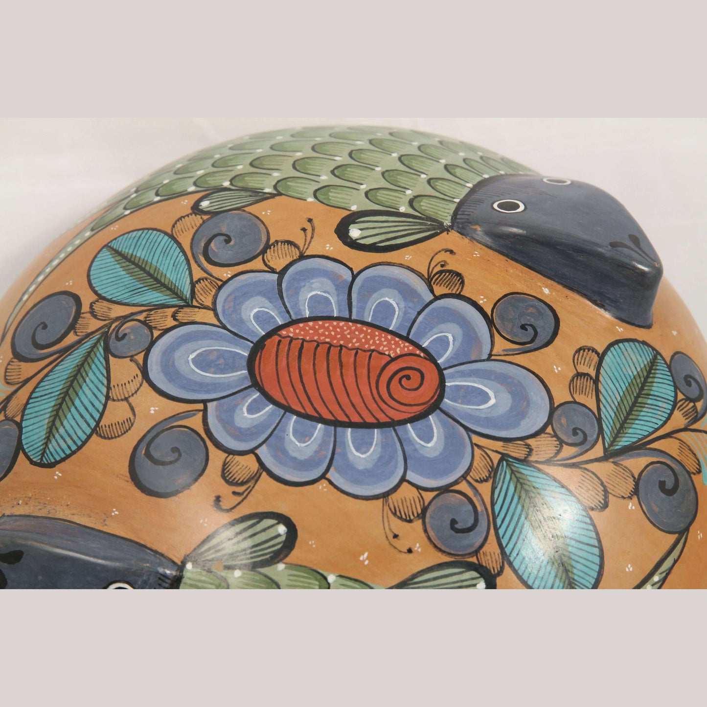 3 Footed Ceramic Vessel Mexico Fine Folk Art Master Jose Luis Cortez Green Fish