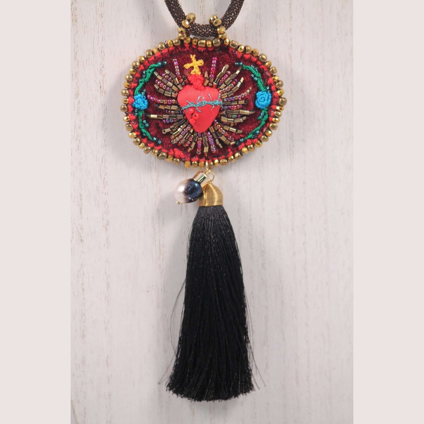 Hand Crafted Heart#1 Necklace Mexican Art Jewelry Black Tassel