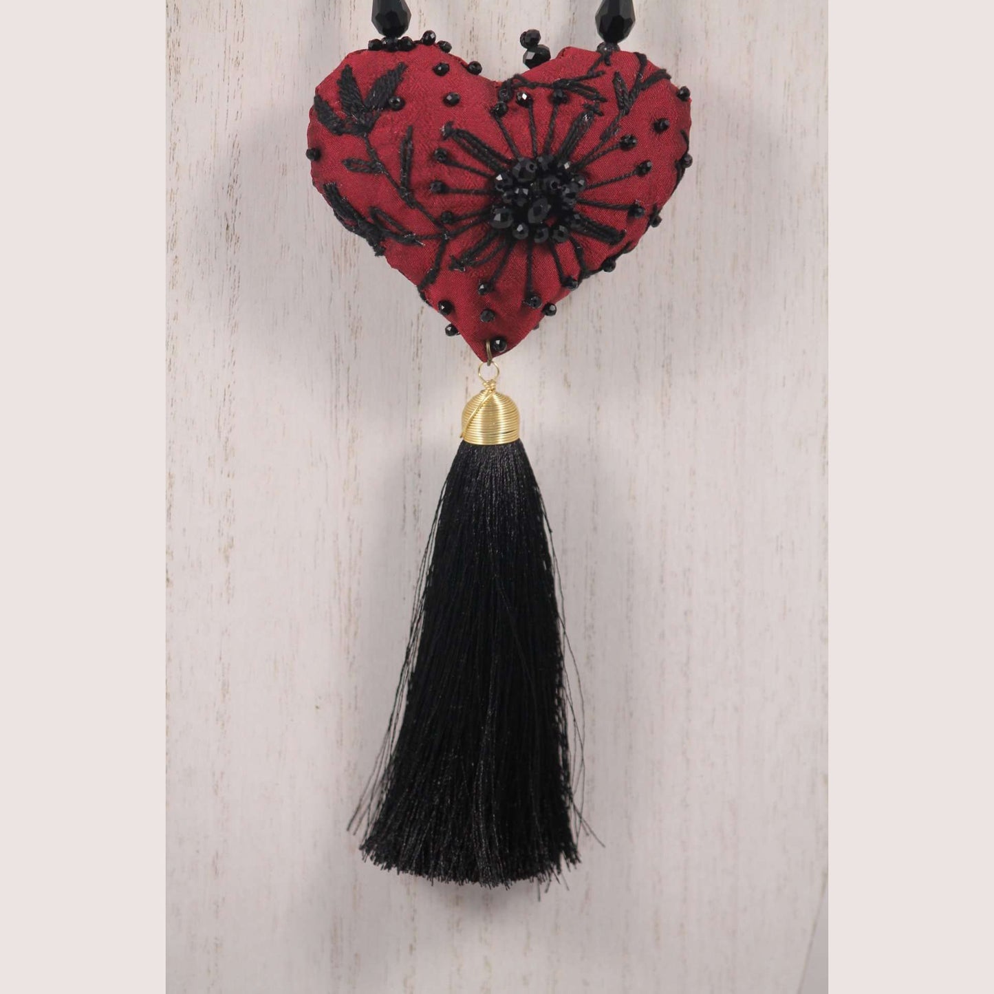 Hand Crafted Red/Black Heart Necklace Mexican Art Jewelry Custom Made