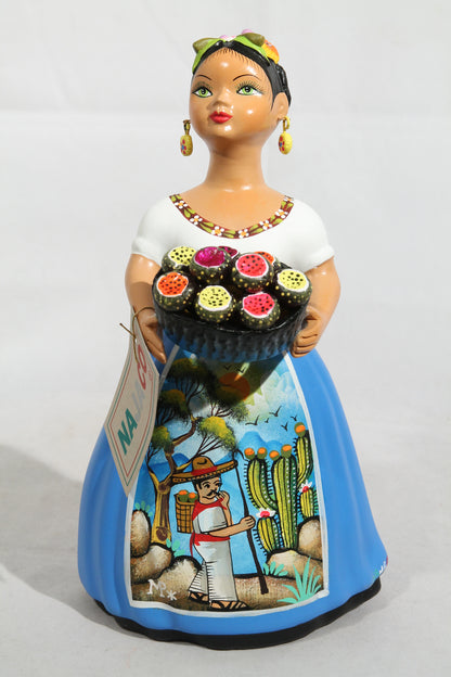 Lupita Najaco Ceramic Doll Mexican Folk Art Pitayas/Dragon Fruit Celeste Blue