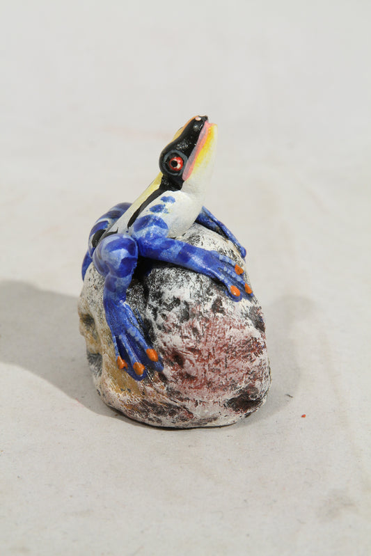 Tiny Ceramic Yellow Blue Frog on Rock Mexican Folk Art Macias Family