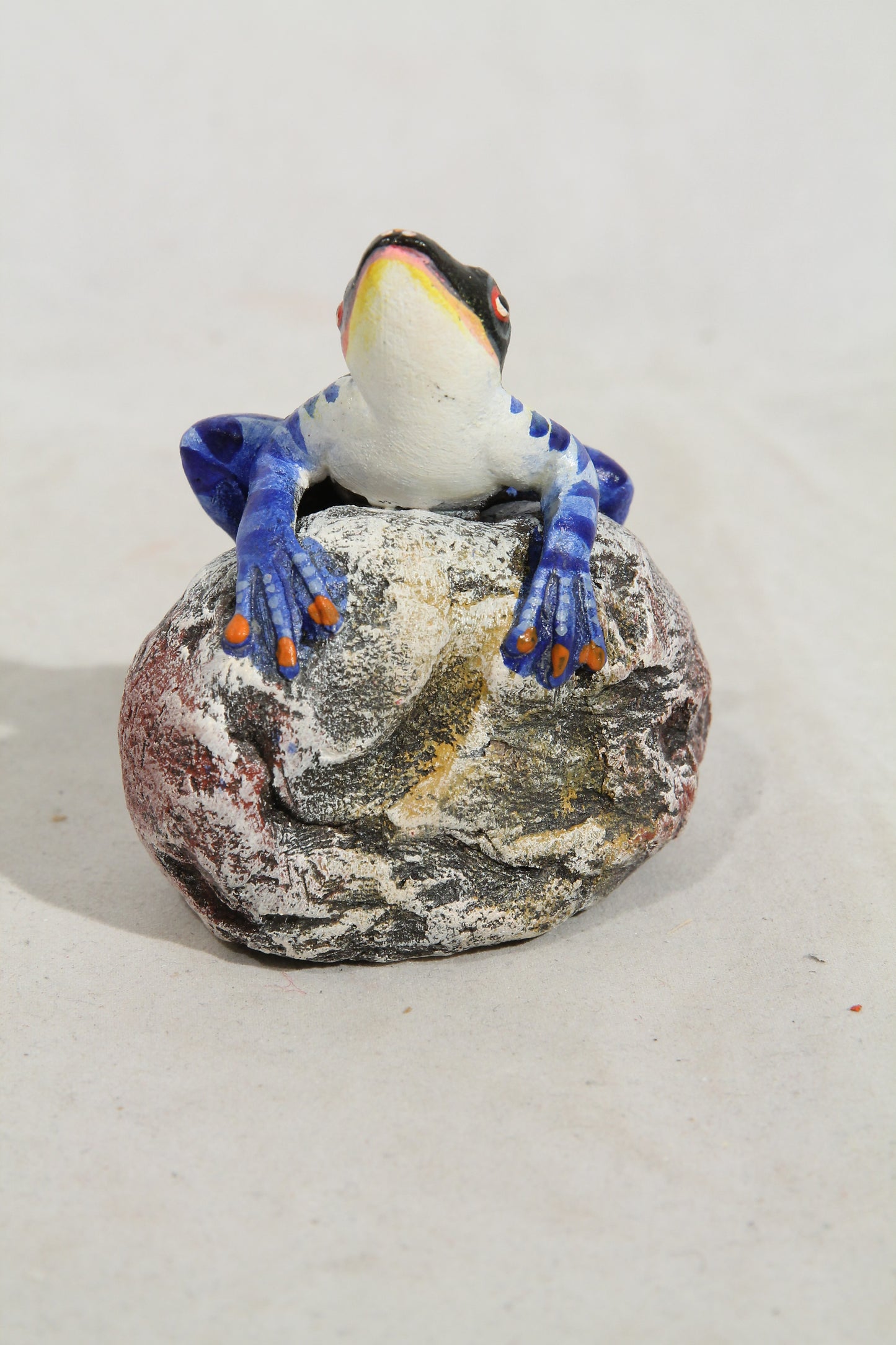Tiny Ceramic Yellow Blue Frog on Rock Mexican Folk Art Macias Family