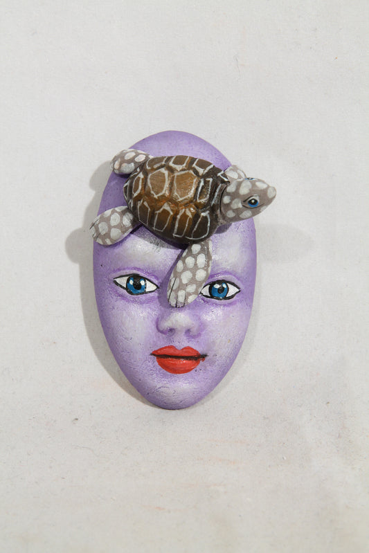 Ceramic Hanging Tiny Mask w Turtle Decor Mexican Folk Art Macias Brn/Wht