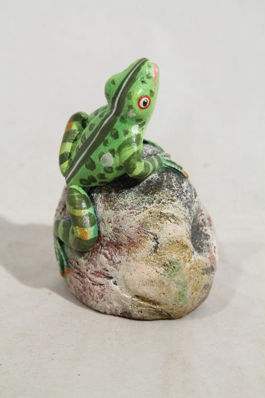 Tiny Ceramic Green Frog on Rock Mexican Folk Art Macias Family