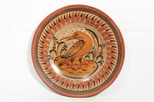 Vintage Ceramic Hanging Plate Hand Painted Mexico Folk Art Burnt Sienna