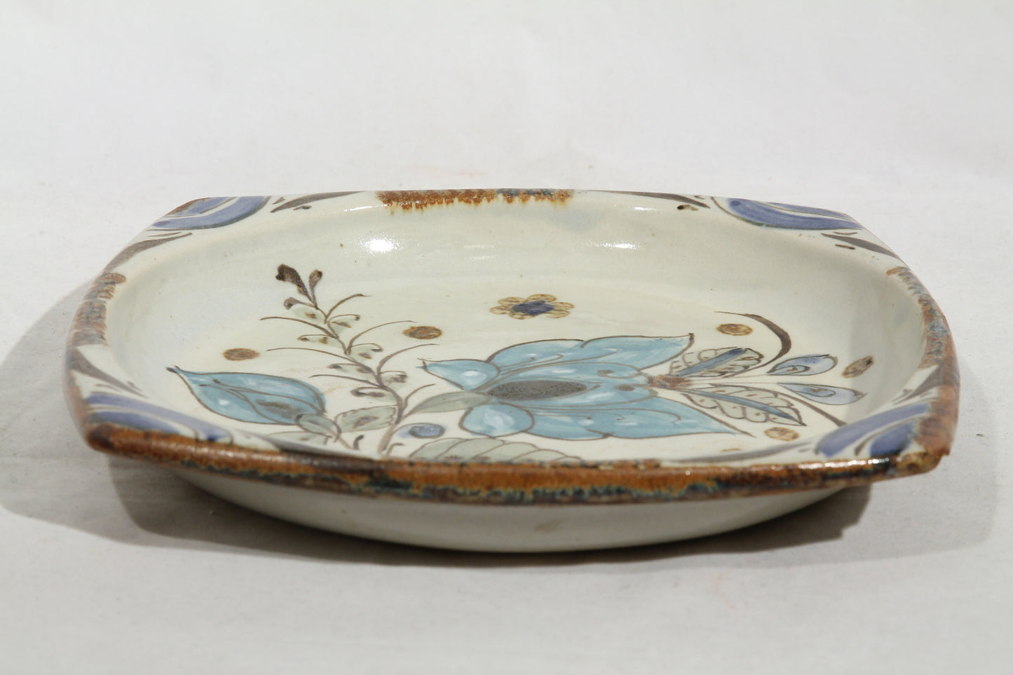 Vintage Ceramic Plate Tonala Mexico Hand Painted Blue Flower