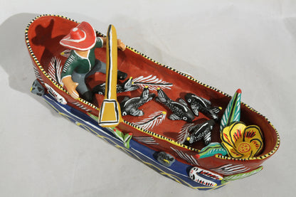 Ceramic Boat/Fisherman/Fish Mexico Folk Art Ocumicho Collectible Décor