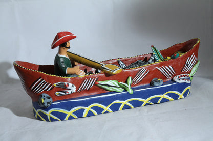 Ceramic Boat/Fisherman/Fish Mexico Folk Art Ocumicho Collectible Décor