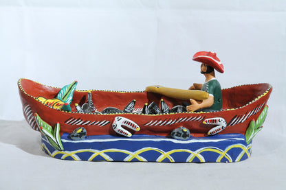 Ceramic Boat/Fisherman/Fish Mexico Folk Art Ocumicho Collectible Décor