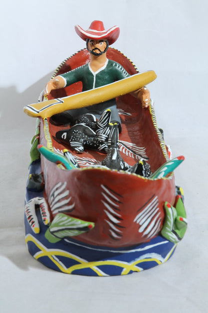 Ceramic Boat/Fisherman/Fish Mexico Folk Art Ocumicho Collectible Décor