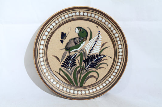 Mexican Ceramic Hanging Plate Hand Painted Folk Art Green Parrot
