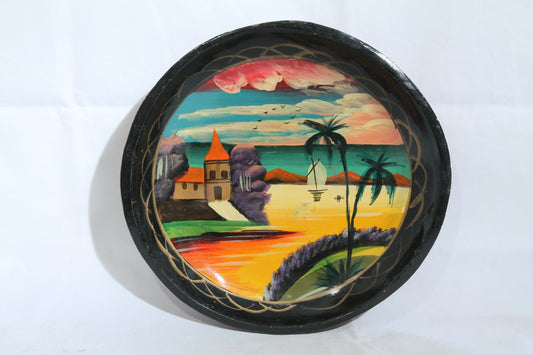 Vintage Mexican Wood Batea Round Platter Hand Chiseled/Hand Painted Lake