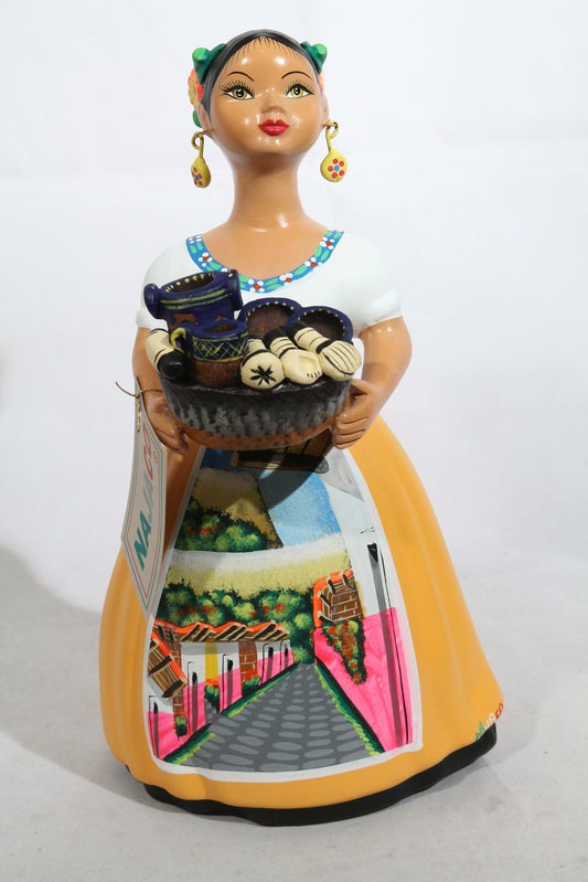 "Lupita" Female Ceramic Doll Mexican Kitchenware Basket Mustard