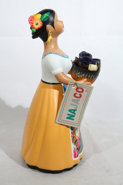 "Lupita" Female Ceramic Doll Mexican Kitchenware Basket Mustard