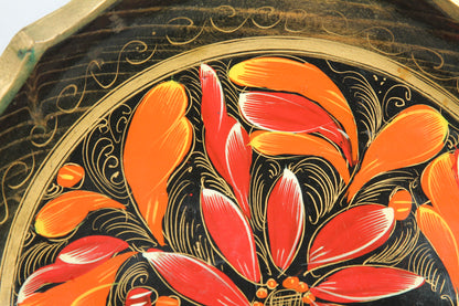 Vintage Mexican Wood Batea Round Platter Tray Hand Painted Red Flowers