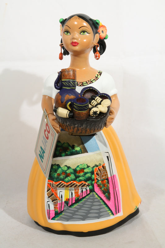 "Lupita" Female Ceramic Doll Mexican Kitchenware Basket Mustard #2