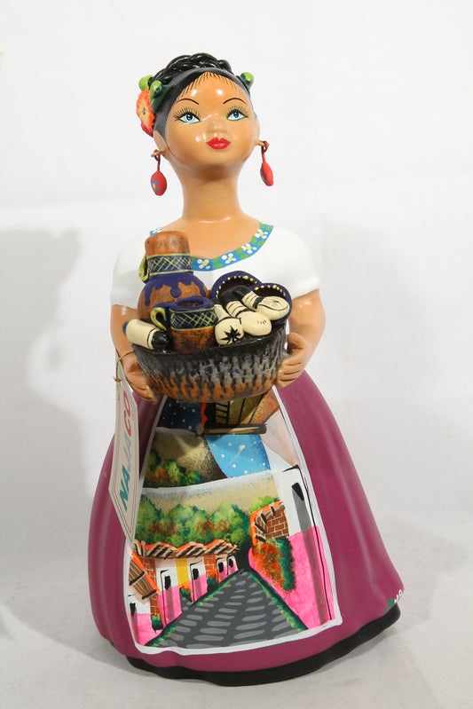 Lupita NAJACO Ceramic Figurine/Doll Mexican Folk Art Basket Kitchenware Purple