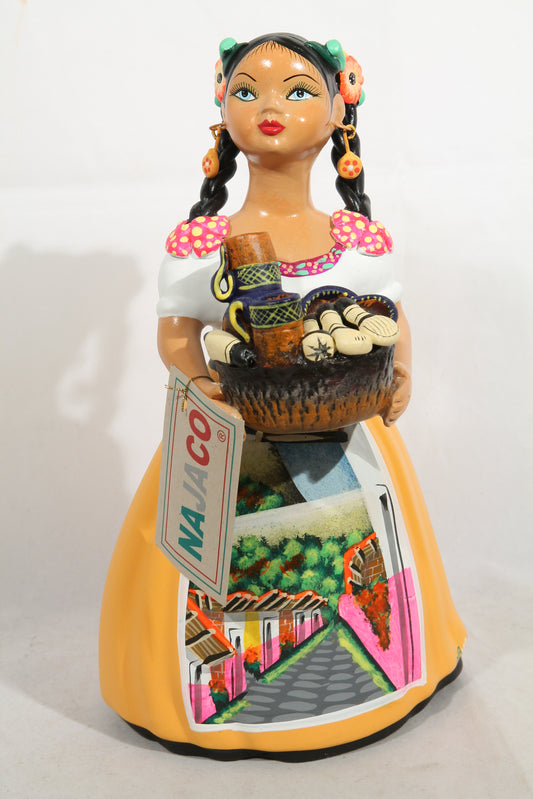 "Lupita" Female Ceramic Doll Mexican Kitchenware Basket Mustard #3
