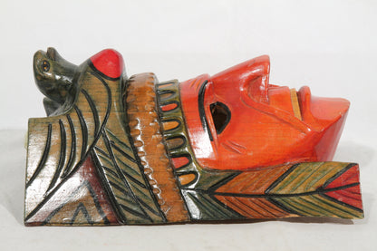 Wood Hanging Warrior Mask Handmade Mexican Folk Art Décor Green Bird