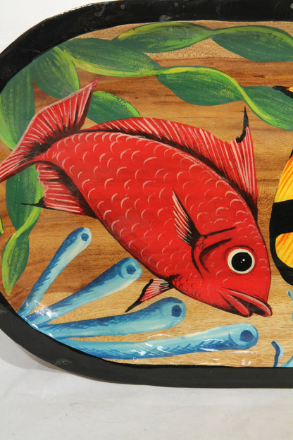 Mexican Wood Oval Platter Tray Hand Painted Colorful Fish