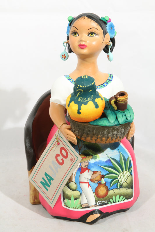 "Lupita" Najaco Doll Ceramic Figurine Sitting Pulque Seller Fuchsia Skirt