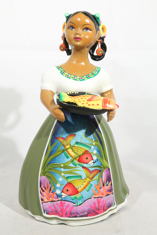 Lupita Doll w Plate of Fish Olive Color Dress Mexican Ceramic Folk Art