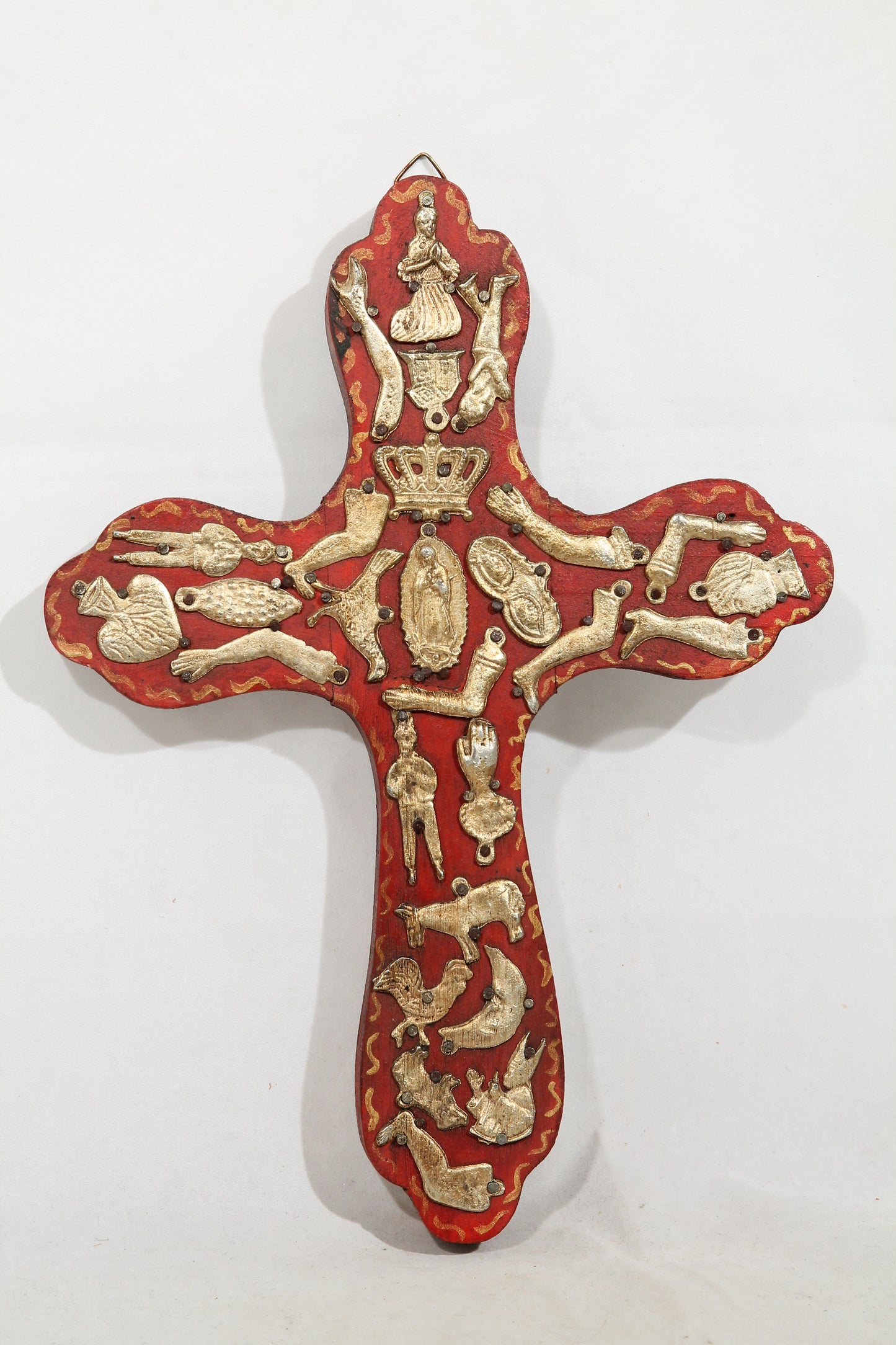 Wood Hanging Cross Milagros Mexico Folk Art Handmade/Painted Religious New #2 Red