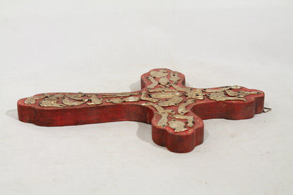 Wood Hanging Cross Milagros Mexico Folk Art Handmade/Painted Religious New #2 Red