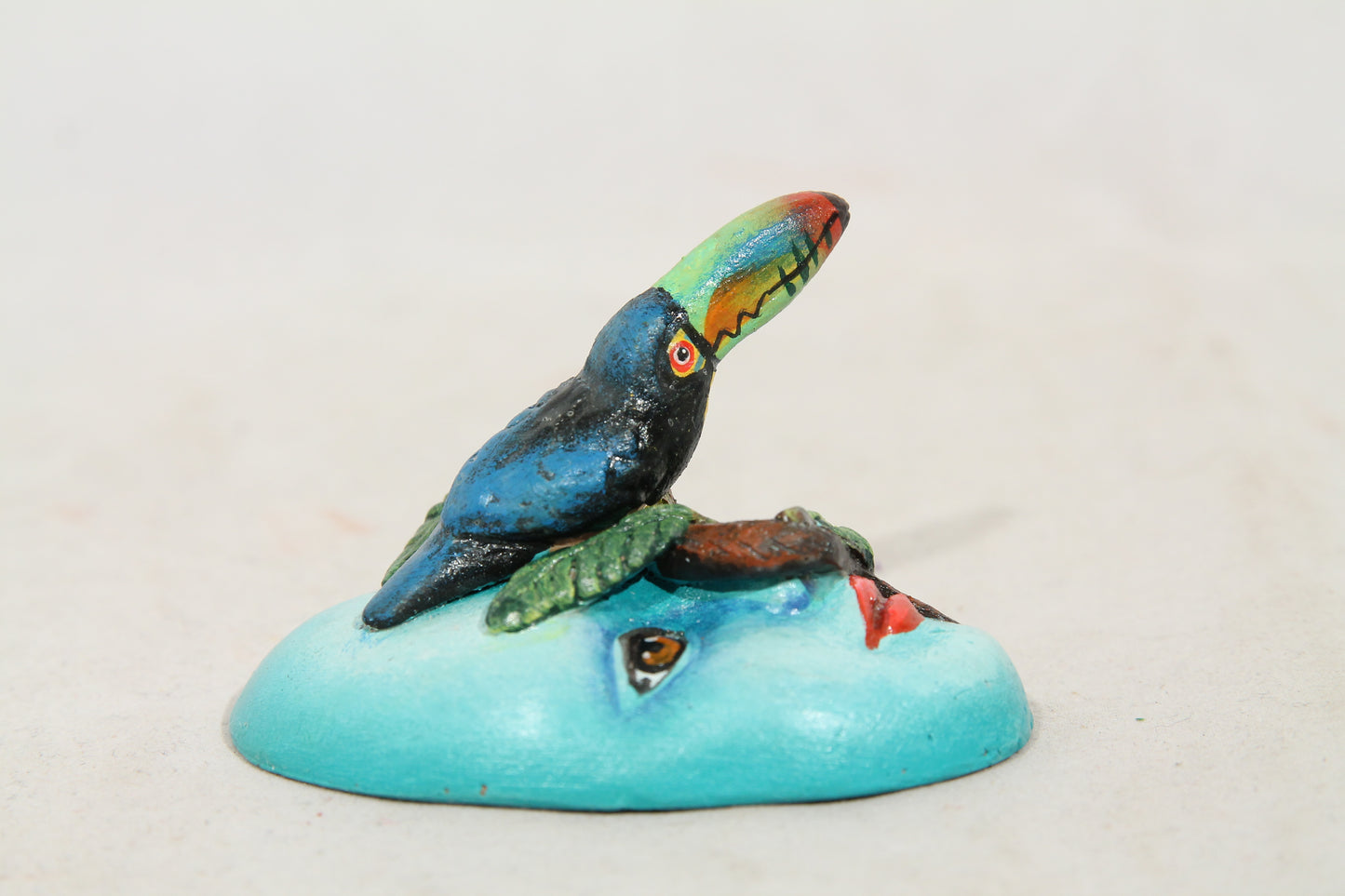 Tiny Ceramic Toucan on a Mask Face Mexican Folk Art Macias Family