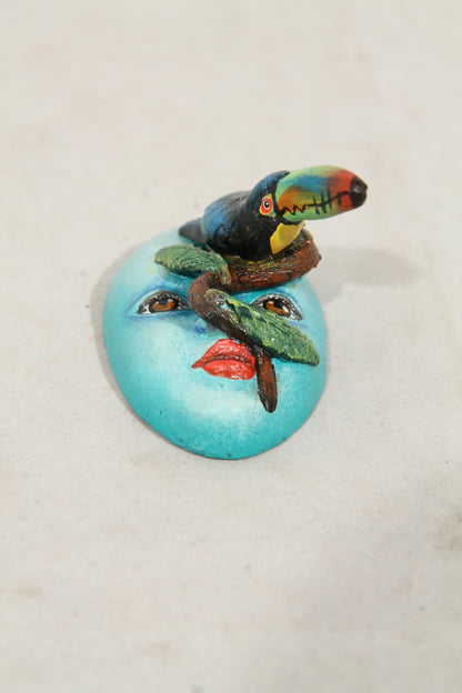 Tiny Ceramic Toucan on a Mask Face Mexican Folk Art Macias Family