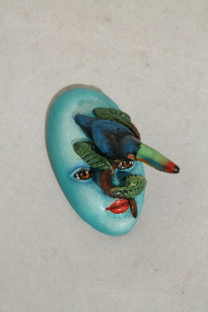 Tiny Ceramic Toucan on a Mask Face Mexican Folk Art Macias Family