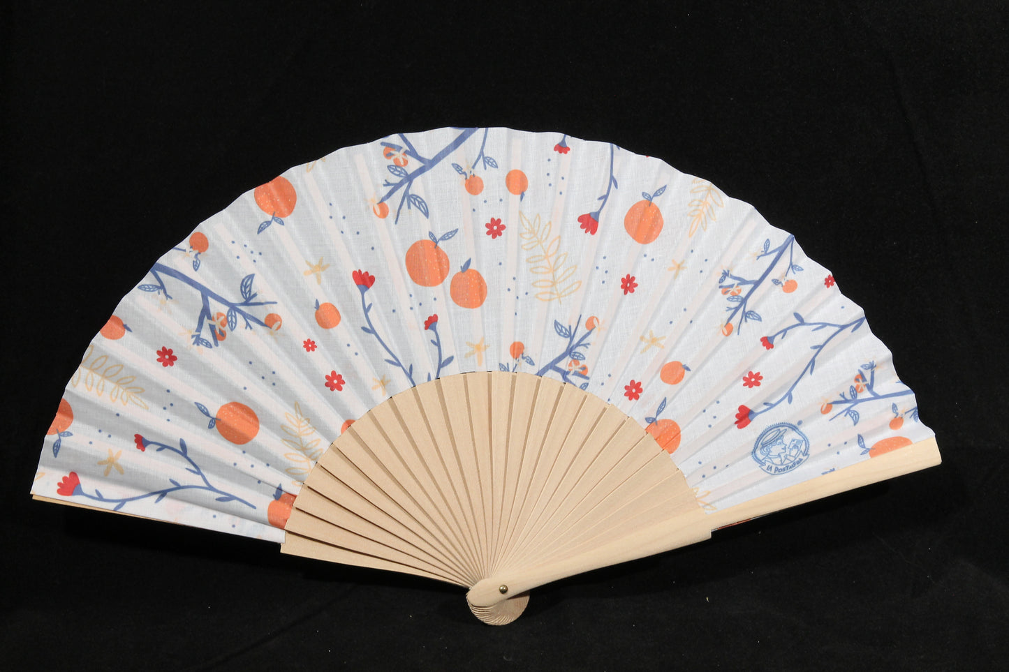 New Hand Fan Spain Wood/Cloth Valencia Oranges Blu Branches