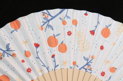 New Hand Fan Spain Wood/Cloth Valencia Oranges Blu Branches