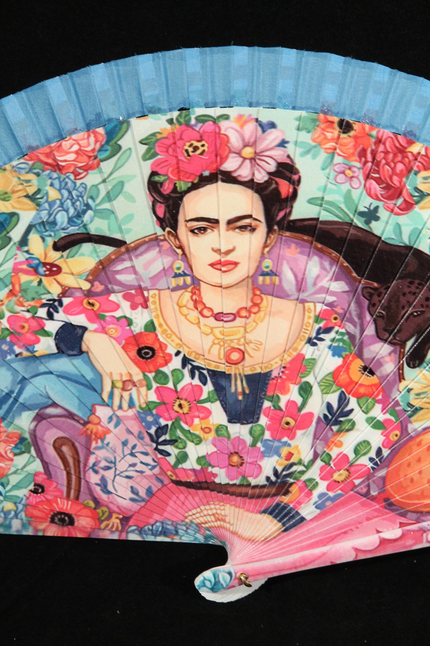 New "Frida" Hand Fan Direct from Spain Lacquered Wood/Paper Blue