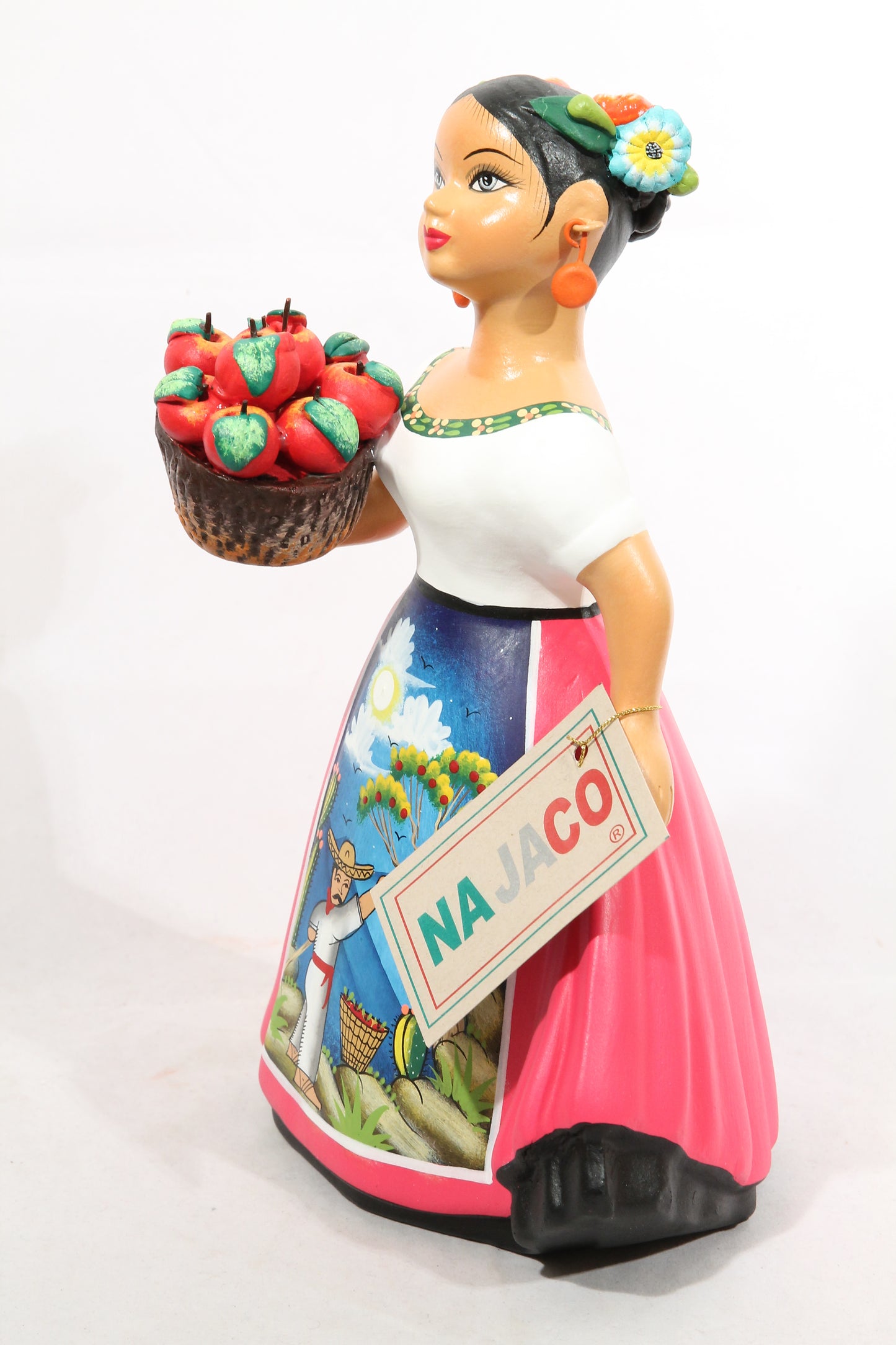 "Lupita" NAJACO Doll Ceramic Fuchsia Espanola Skirt Apple Basket