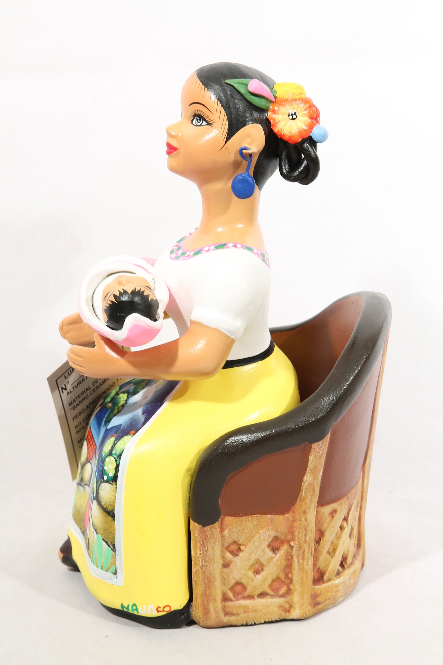Lupita Ceramic Doll/Figurine Sitting w Baby Mexican Folk Art Yellow