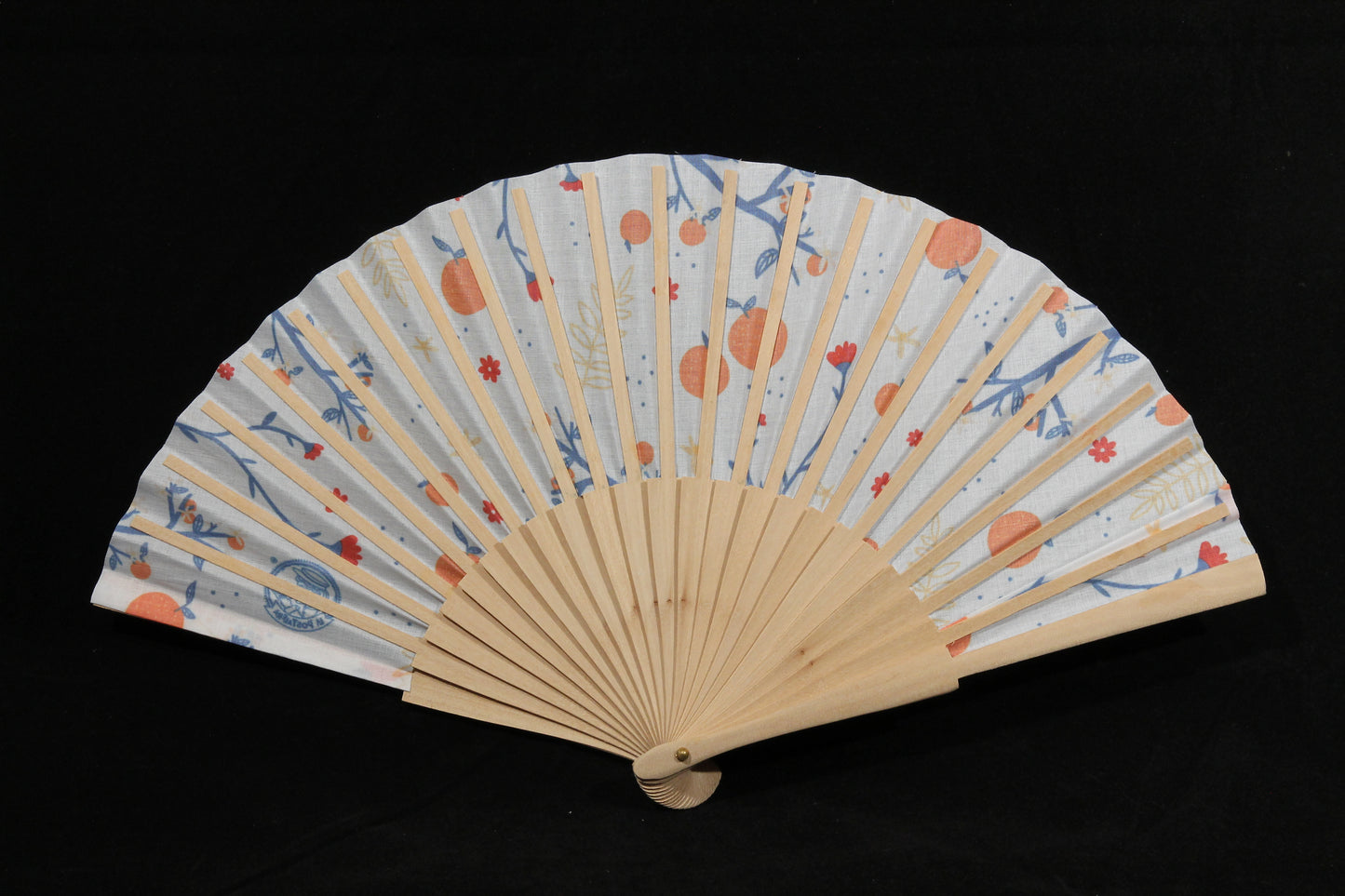 New Hand Fan Spain Wood/Cloth Valencia Oranges Blu Branches