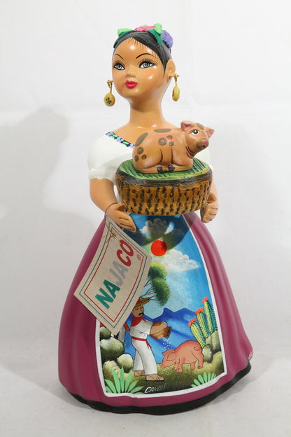 Lupita Najaco Ceramic Doll Piglet Basket Purple Mexican