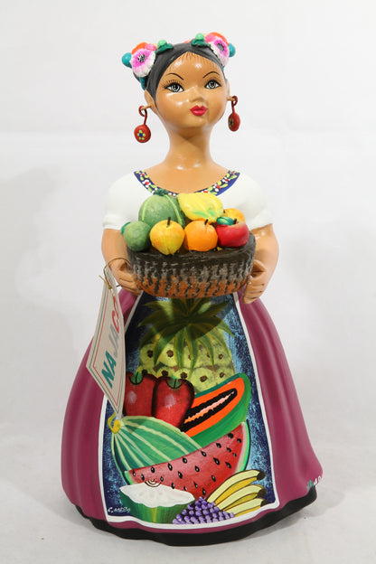 "Lupita" Doll Najaco Ceramic Figurine Mexican Fresh Fruit Basket Purple