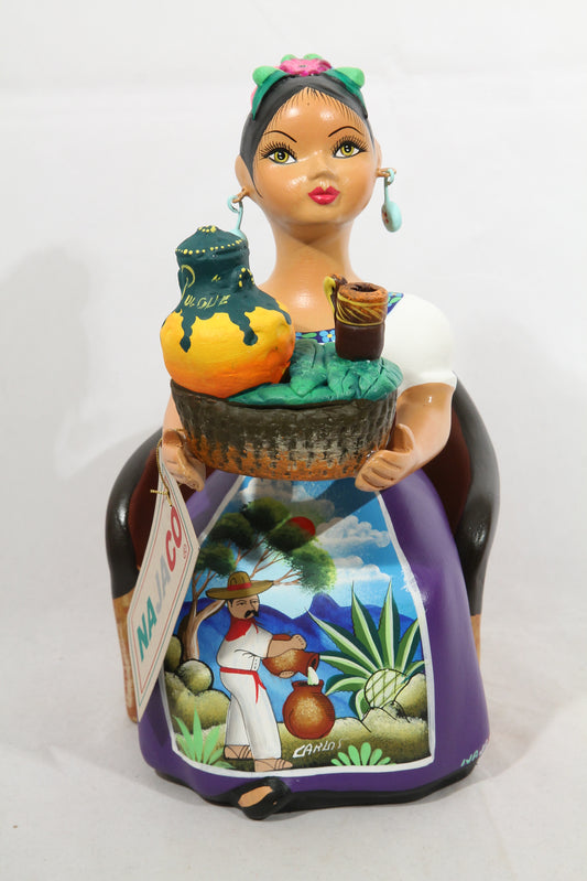 "Lupita" Najaco Doll Ceramic "Sitting Pulquera" Plum color Skirt