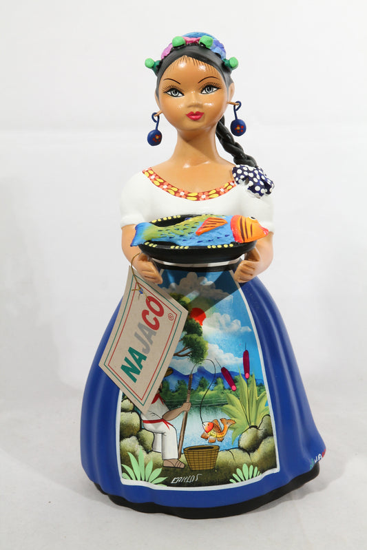 Lupita Doll w Plate of Fish Royal Blue Skirt Mexican Ceramic