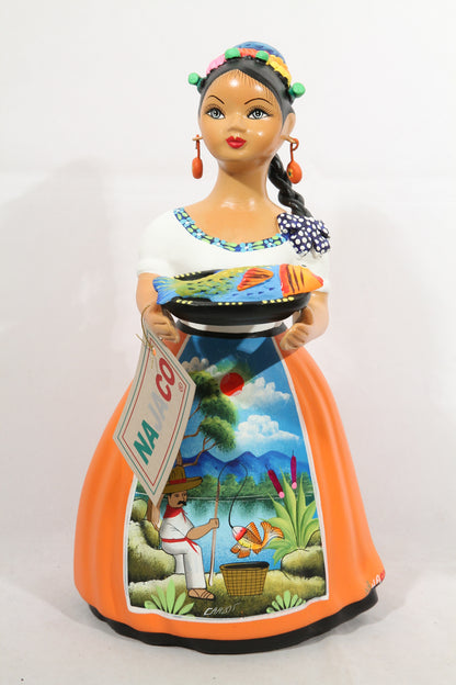 Lupita Doll NAJACO With Plate of Fish Orange Dress Ceramic Mexican Folk Art