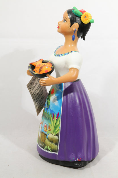 Lupita Doll w Plate of Fish Plum Color Dress Mexican Ceramic Folk Art