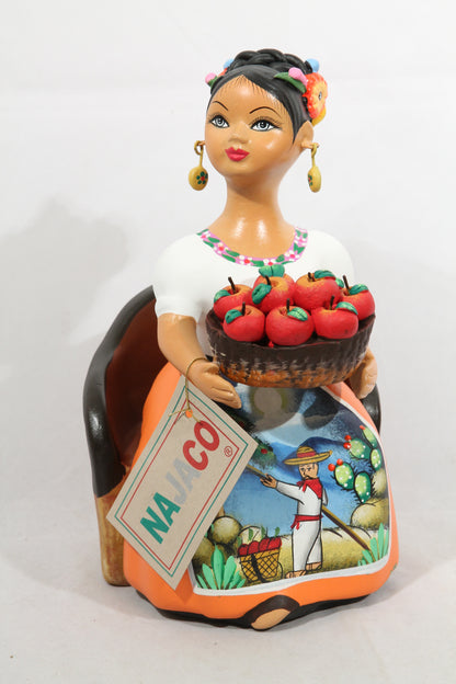 Lupita Doll Sitting Apple Basket Orange Dress Ceramic Mexican