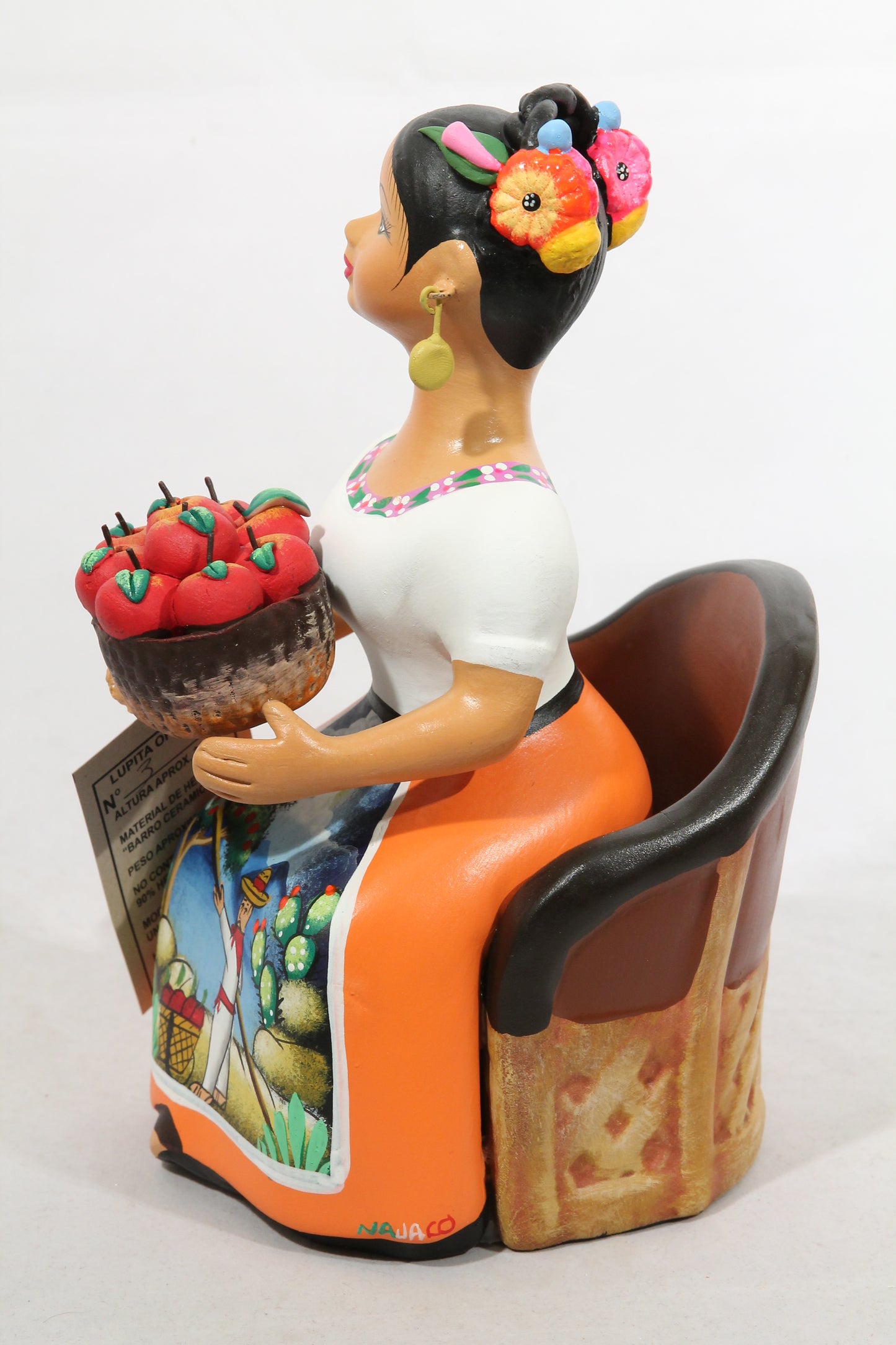 Lupita Doll Sitting Apple Basket Orange Dress Ceramic Mexican